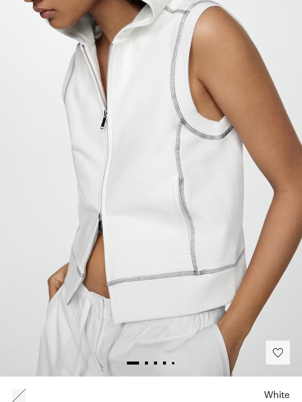 Mango White Sleeveless Zip-Up Tank with Contrast Stitching